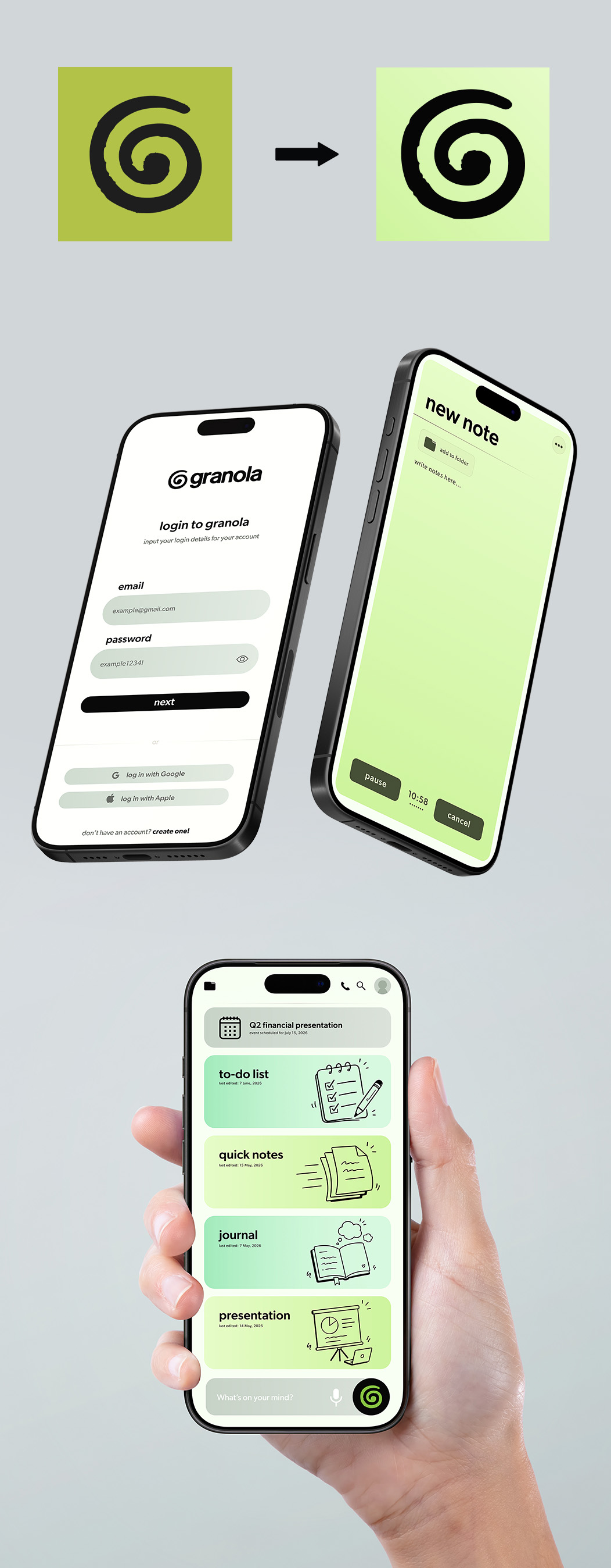 Granola brand refresh — logo evolution and app screen mockups
