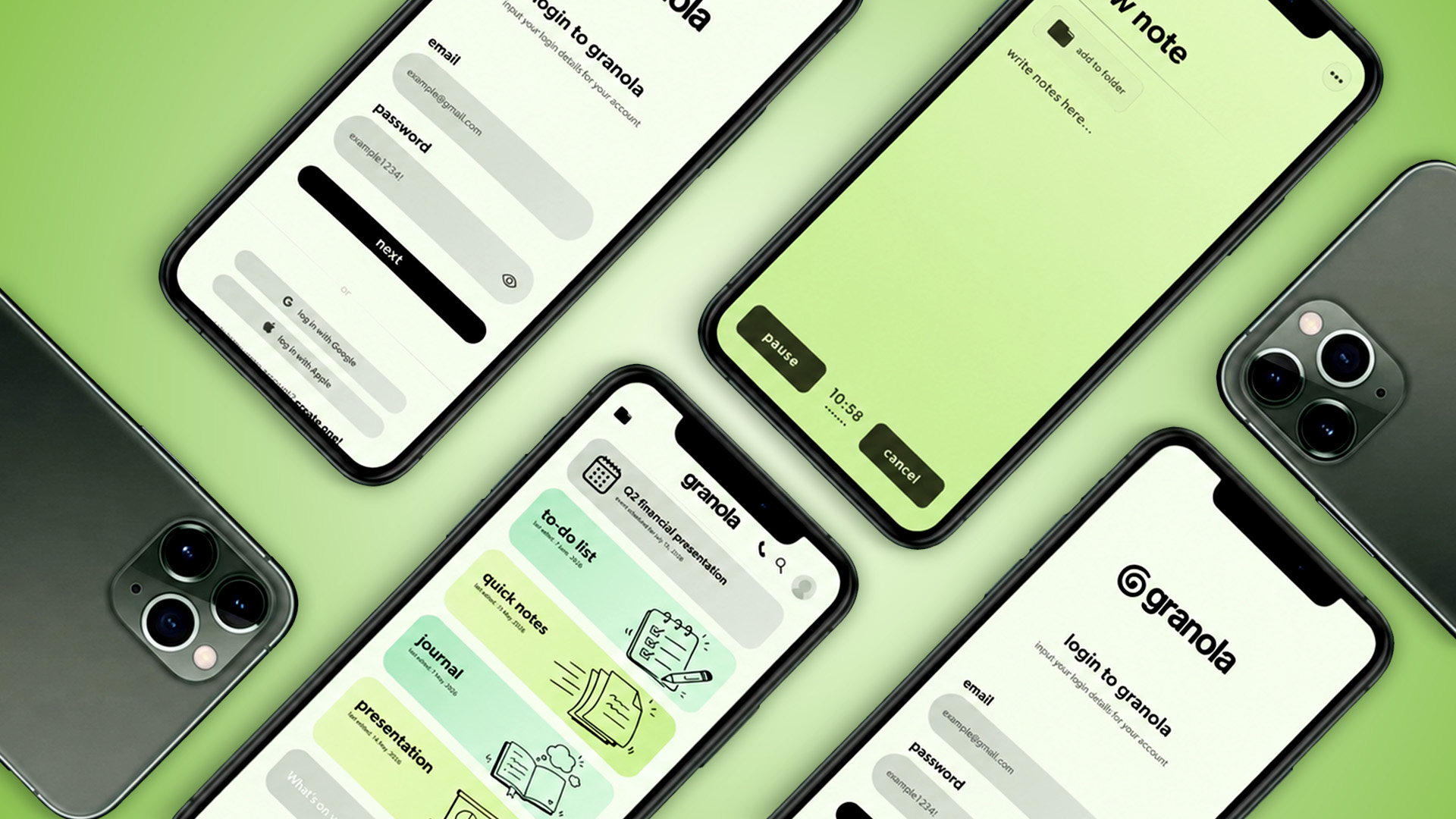 Granola app brand identity and UI shown across several iPhone mockups